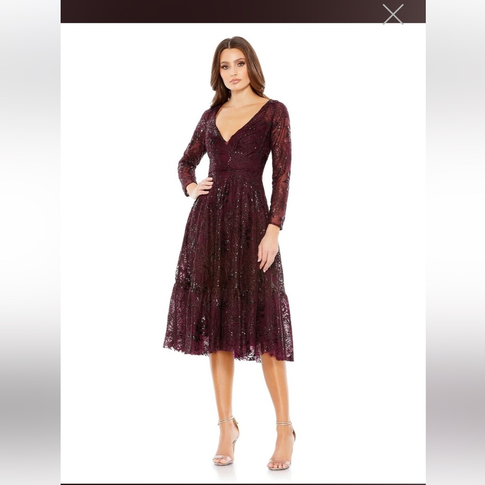 NEW Mac Duggal Lace Embellished Long Sleeve Ruffle Dress | Size 16 | Wine | NWT